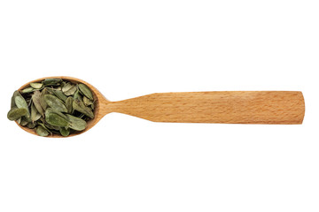 Dried leaves of Vaccinium vitis-idaea in a wooden spoon on a white background. Phytotherapy and...
