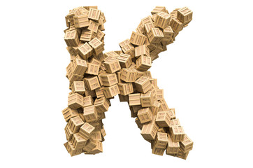 Letter K from wooden boxes. 3D rendering