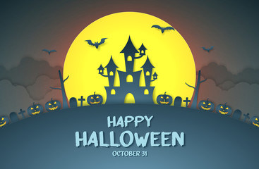Happy Halloween, pumpkin head, castle, graveyard on hill with big moon and cloud in paper art style