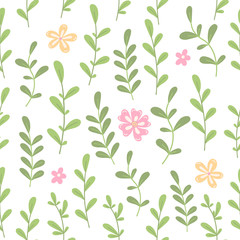 Seamless pattern with pink and yellow flowers, green branches.