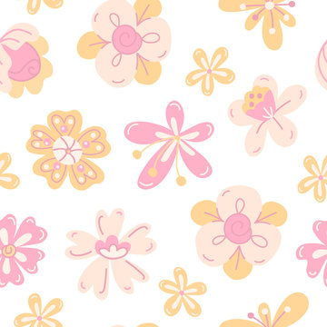 Seamless pattern with pink and yellow flowers.
