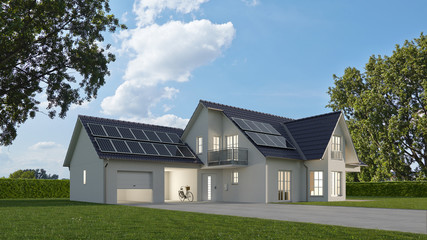 Fototapeta na wymiar Einfamilienhaus Neubau mit Garage und Solaranlage
