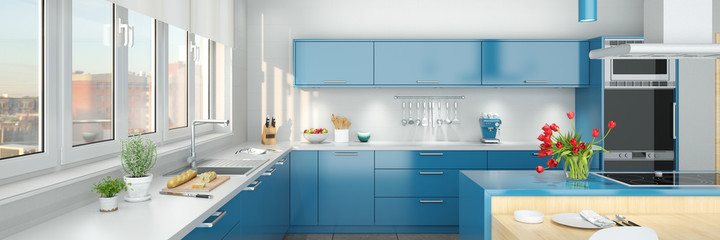 Blaue Küchenzeile in moderner Küche als Panorama Header