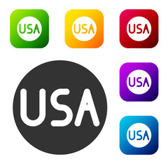 Black USA label icon isolated on white background. United States of America. Set icons in color square buttons. Vector Illustration.