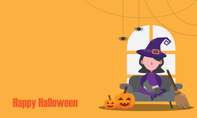 flat cartoon vector of Halloween background card with witch, pumpkins and orange background