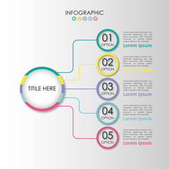 Vector infographic with 5 option with colorful circle structure. Simple diagram for detailed presentation and business plan.	
