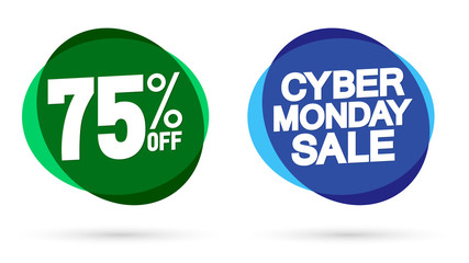 Cyber Monday Sale, 75% off, banners design template, discount tags, season offers, vector illustration