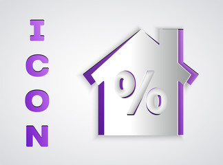 Paper cut House with percant discount tag icon isolated on grey background. Real estate home. Credit percentage symbol. Paper art style. Vector Illustration.