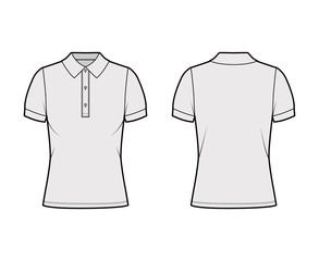 Polo shirt technical fashion illustration with cotton-jersey short sleeves, oversized, buttons along the front. Flat outwear apparel template front, back, grey color. Women men unisex top CAD mockup