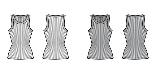Ribbed cotton-jersey tank technical fashion illustration with wide scoop neck, fitted knit body tunic length. Flat camisole apparel template front back white grey color. Women men unisex shirt top CAD