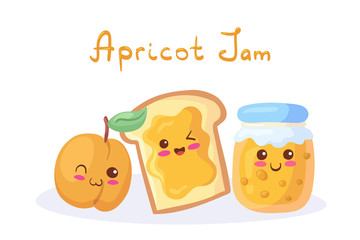 Bread toast with apricot jam, smiling funny berry & jam jar with lettering. Vector kawaii food illustration in cute cartoon style isolated on white background. Colorful dessert, breakfast, kids menu.