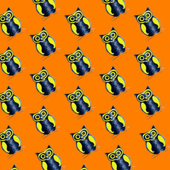 Illustration of seamless pattern of owl on the orange background