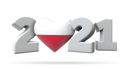 New year 2021 with poland flag heart. 3D Rendering