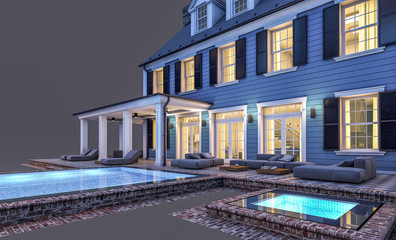 Obraz premium 3d rendering of modern cozy classic house in colonial style with garage and pool for sale or rent in night. Isolated on black.