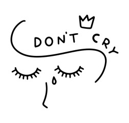 Sad girl with closed eyes and one tear - Line art. Black vector illustration isolated on white background.