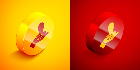 Isometric Hand for search a people icon isolated on orange and red background. Recruitment or selection concept. Search for employees and job. Circle button. Vector.