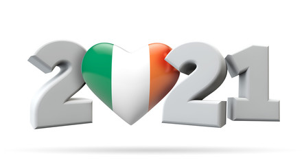 New year 2021 with ireland flag heart. 3D Rendering