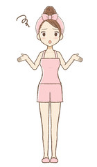 ルームウエアを着た女性が困った顔をしている