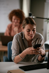 Happy businesswoman working on laptop. Young businesswoman working in the office...