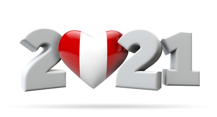 New year 2021 with peru flag heart. 3D Rendering