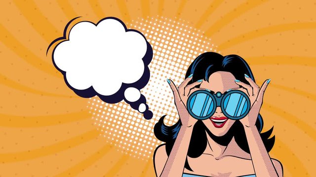pop art style animation with sexi woman using binoculars
