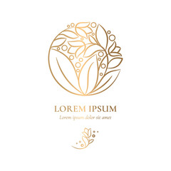 Golden logo with decorative vector flowers. Elegant, classic elements. Can be used for jewelry, beauty and fashion industry. Great for, emblem, background or any desired idea.