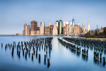View from Brooklyn Bridge Park Pier 1 towards the Manhattan skyline, New York City, USA