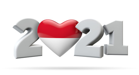 New year 2021 with indonesia flag heart. 3D Rendering