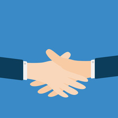 Handshake icon. Two businessman hands arms reaching to each other. Shaking hands. Close up body part. Helping hand. Business deal partnership concept. Isolated. Blue background Flat design