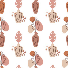 Seamless pattern with organic abstract shapes and doodle objects.