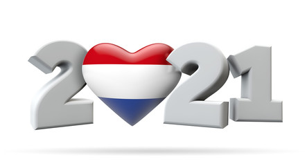 New year 2021 with netherlands flag heart. 3D Rendering