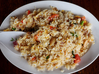 top view close-up medium size of fried rice with crab on table