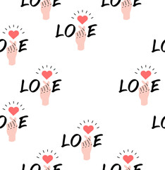 hand with sign mini heart with word Love seamless pattern