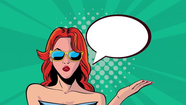 pop art style animation with sexi woman wearing sunglasses and speech bubble