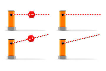 Vector illustration of open, closed parking car barrier gate set with stop sign. © poppystyle