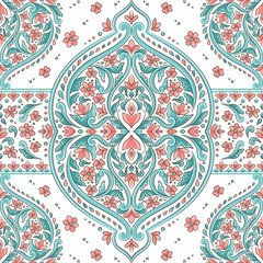 Pink and blue luxury ornament seamless pattern design. Traditional Turkish, Indian motifs. Great for fabric and textile, wallpaper, packaging or any desired idea.