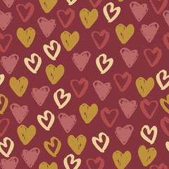 Amour heart elements seamless pattern. Simple love ornament in pastel palette on maroon background.