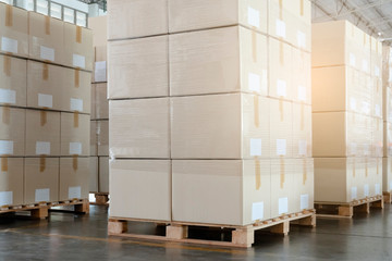 Shipment, Carton boxes, Cargo freight, Manufacturing warehouse storage. Stack of cardboard boxes or package goods for delivering to a customer.