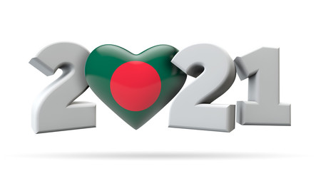 New year 2021 with bangladesh flag heart. 3D Rendering