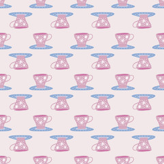 Seamless pattern with doodle cups and liquids. Pink and blue tone dishes with flower ornament. Pastel tone artwork.