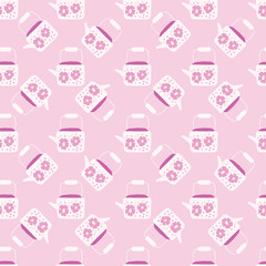 Kettle silhouettes seamless hand drawn pattern. White teapots on light pink background.