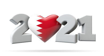 New year 2021 with bahrain flag heart. 3D Rendering