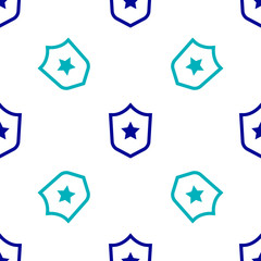 Blue Police badge icon isolated seamless pattern on white background. Sheriff badge sign. Shield with star symbol. Vector.