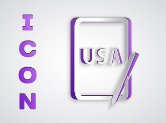 Paper cut USA United states of america on graphic tablet icon isolated on grey background. Paper art style. Vector.