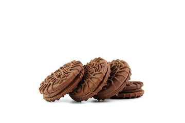 Close-Up Stack Of Chocolate Biscuits Against White Background