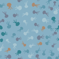 Plankton seamless pattern with octopus little silhouettes. Blue background with multicolor pastel tones simple animal ornament.