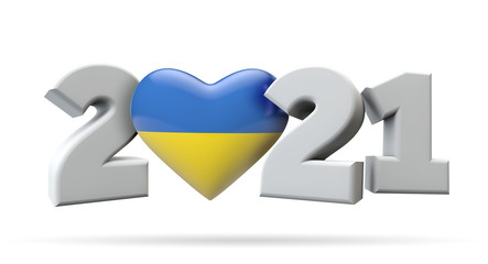 New year 2021 with Ukraine flag heart. 3D Rendering