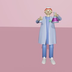 Medical scientist with a medical mask holding a glass test tube with liquid medicine or vaccine for the virus. Illustration in a cute plasticine style, 3D render volumetric view.