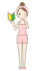 ルームウエアを着た女性が若葉マークを持ってウィンクしている