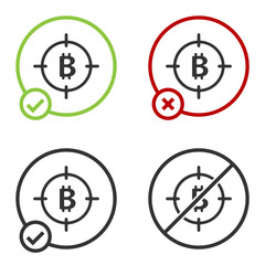 Black Bitcoin in the target icon isolated on white background. Investment target icon. Circle button. Vector.